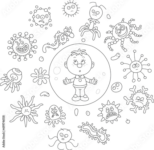 Little child surrounded by funny and angry virus and bacterium monsters swarming around, black and white outline vector cartoon illustration for a coloring book