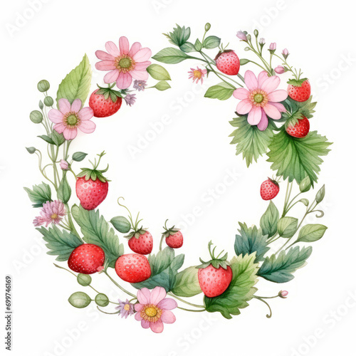 Watercolor wreath of strawberries. Berries, flowers and leaves strawberries. Strawberry round frame.
