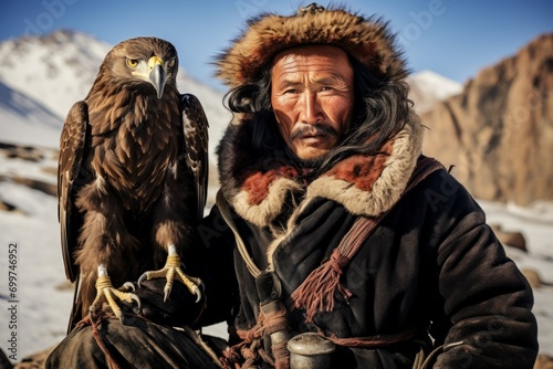 Portrait of a Mongolian man with his eagle