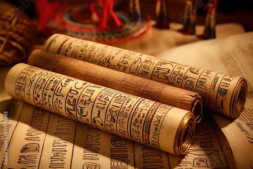 Papyrus scroll. Ancient Egyptian historic manuscripts. Generative Ai