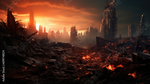 A destroyed gloomy city at night after an apocalypse photo
