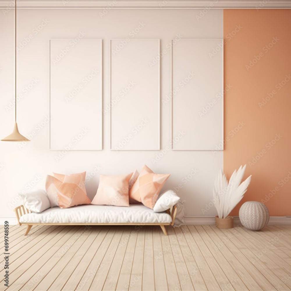  Living room wall poster mockup. Interior mockup with house background. Modern interior design. 3D render