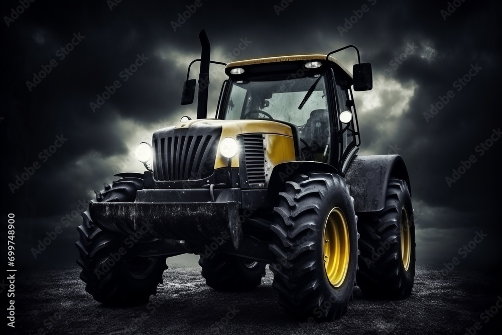 In this powerful image, a robust tractor is captured in the foreground, its headlights piercing through the ominous darkness. The dramatic storm clouds looming in the background create a striking In this powerful image, a robust tractor is captured in the foreground, its headlights piercing through the ominous darkness. The dramatic storm clouds looming in the background create a striking