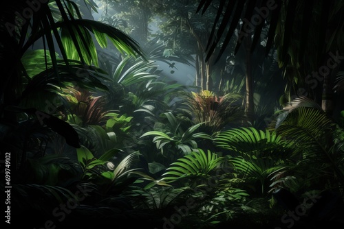 A serene and atmospheric view of a rainforest cloaked in mist during the early hours of morning. The dappled sunlight filters through the dense canopy, casting a soft glow on the verdant underbrush
