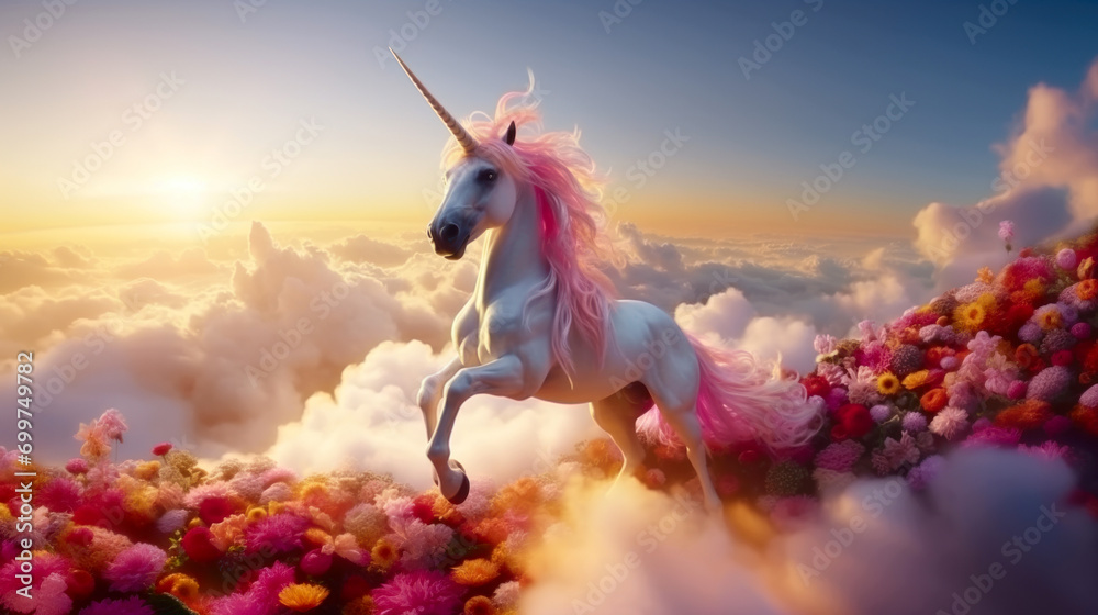 Fototapeta premium Magic unicorn in fantastic idyllic landscape