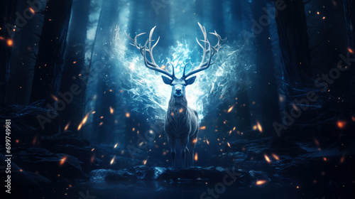 Tableau sur toile Silver glowing magical stag in dark forest