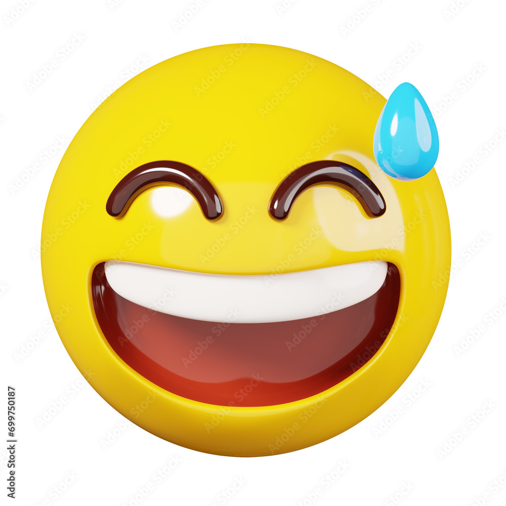 Grinning Face with Sweat Emoticon isolated. Emoji icon and emoticon faces. 3D Illustration 