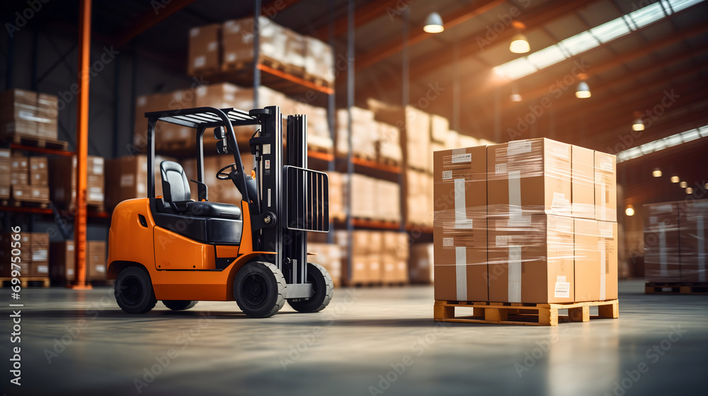 Orange and black forklift truck near the wooden pallet full of cartoon boxes in a warehouse full of containers and packages. Industrial storage vehicle doing product distribution, storehouse logistics - obrazy, fototapety, plakaty 