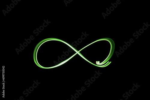 A photograph of an infinity loop symbol in vibrant green light in a long exposure photo against a black background. Light painting photography