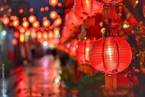 Chinese new year lantern. Chinese lanterns on the street with bokeh in the background