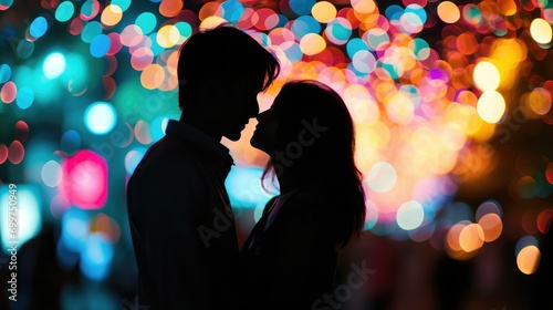 Silhouette of a couple with a colorful bokeh background.