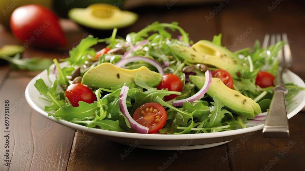 Fresh Arugula and Avocado Salad Tossed Together, Creating a Refreshing and Nutritious Green Delight Fresh Arugula and Avocado Salad Tossed Together, Creating a Refreshing and Nutritious Green Delight