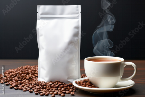 Hot coffee cup with blank white aluminium foil plastic pouch bag sachet packaging mockup on wooden table. Easily apply your custom design on the label.