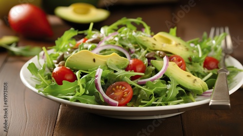 Fresh Arugula and Avocado Salad Tossed Together, Creating a Refreshing and Nutritious Green Delight