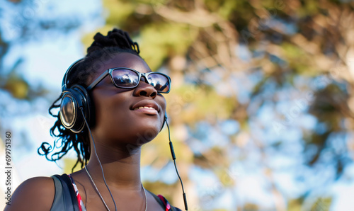 Portrait of beautiful modern African American young woman listening to music with headphones at park.