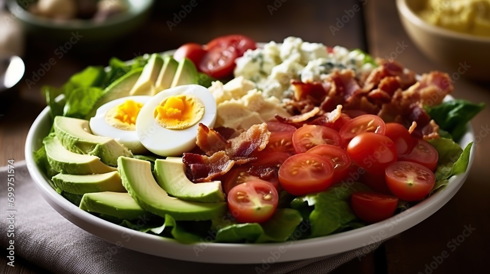 Cobb Salad: A Wholesome Combination of Lettuce, Spinach, Kale, and Assorted Toppings for a Satisfying and Nutritious Meal Cobb Salad: A Wholesome Combination of Lettuce, Spinach, Kale, and Assorted Toppings for a Satisfying and Nutritious Meal