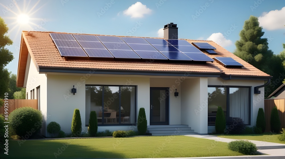  suburban house with a photovoltaic system on the roof. house with landscaped yard. Solar panels on the gable roof 