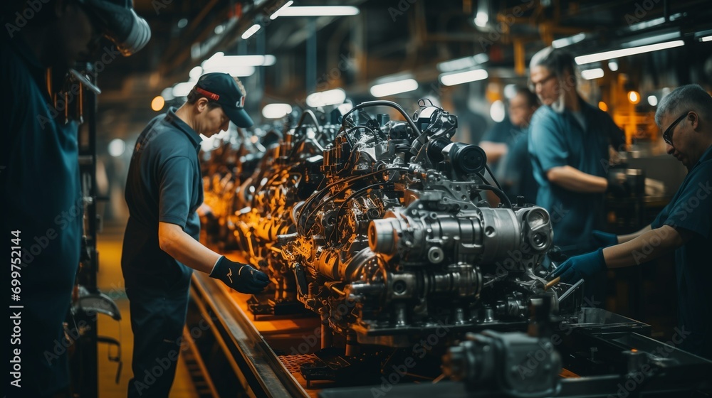 Male and female workers working in high-tech machinery production in an industrial facility.