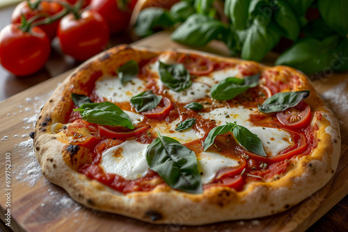 A classic Margherita pizza with buffalo mozzarella, fresh basil, and a rich tomato sauce, presented on a rustic terracotta pizza stone, with a basil plant and a jar of homemade tomato sauce nearby