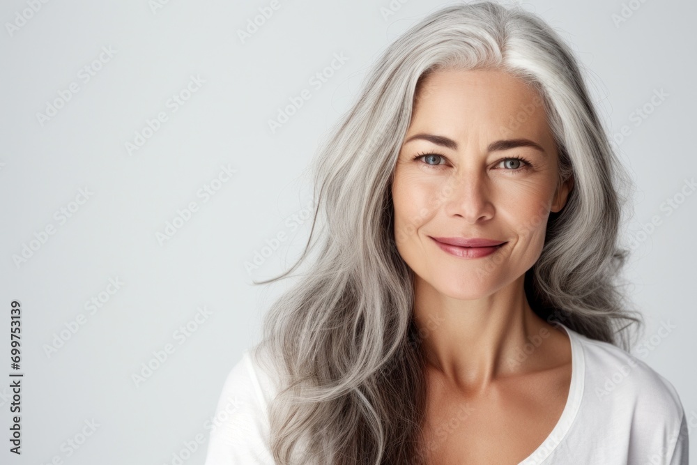 Naklejka premium Beautiful senior woman with smooth healthy face skin and grey long hair. Gorgeous aging mature woman happy smiling on white background. Beauty and cosmetics skincare advertising concept