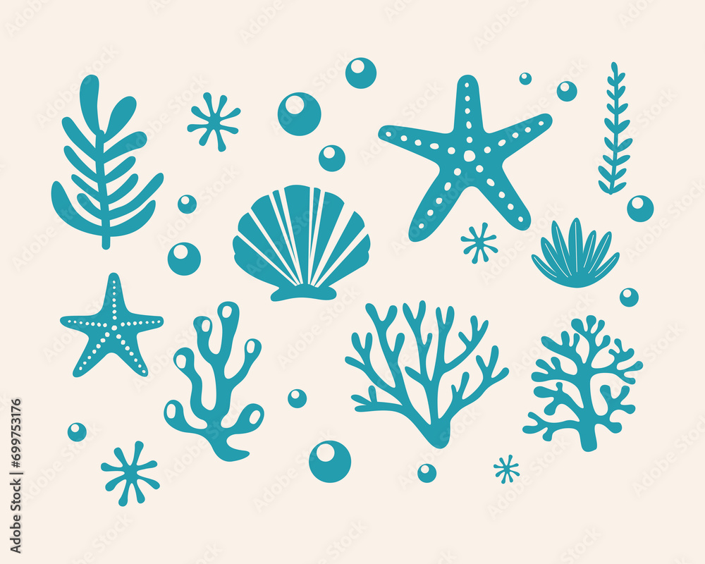 Marine life illustration pattern vector coral, shell, scallop, starfish, deep sea background layout silhouette printable - obrazy, fototapety, plakaty 