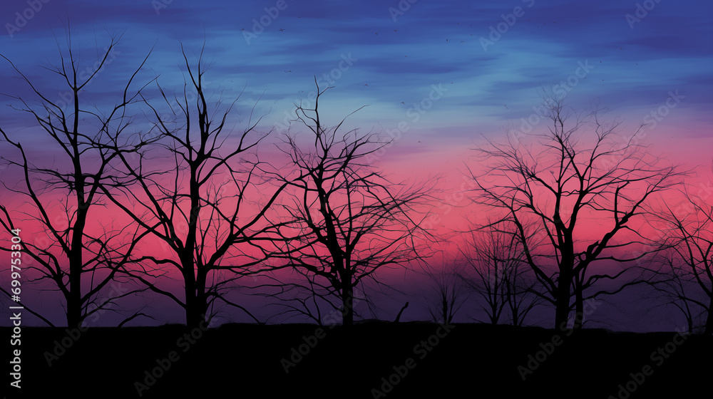 silhouettes of trees at sunset