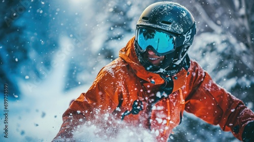 Person skiing, modern snow gear, including a sleek, colorful ski jacket, goggles, and helmet