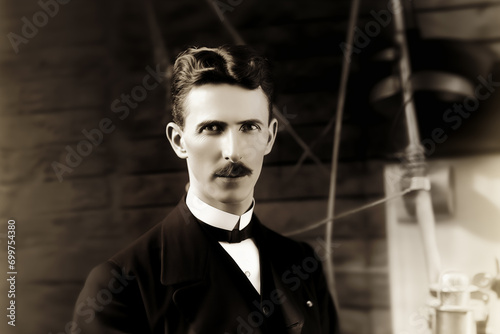 KI-generierte Illustration von Nikola Tesla im Stil einer historischen Fotografie