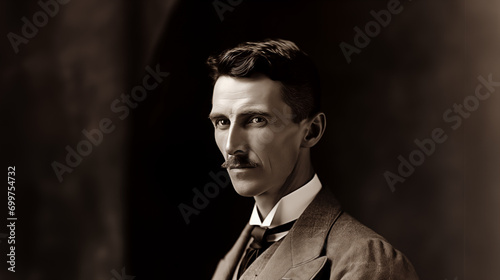 KI-generierte Illustration von Nikola Tesla im Stil einer historischen Fotografie