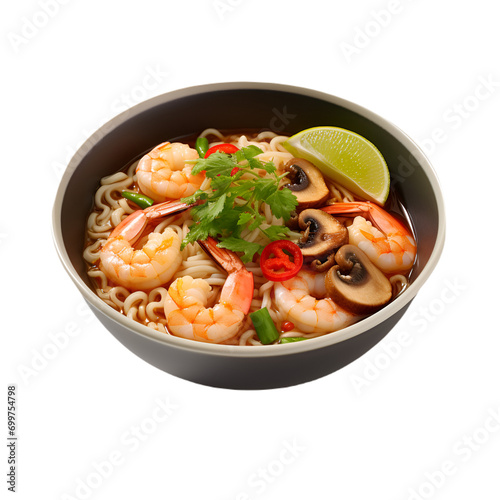 MAMA. Thai instant noodle-topped shrimp and lime isolated on a white background.