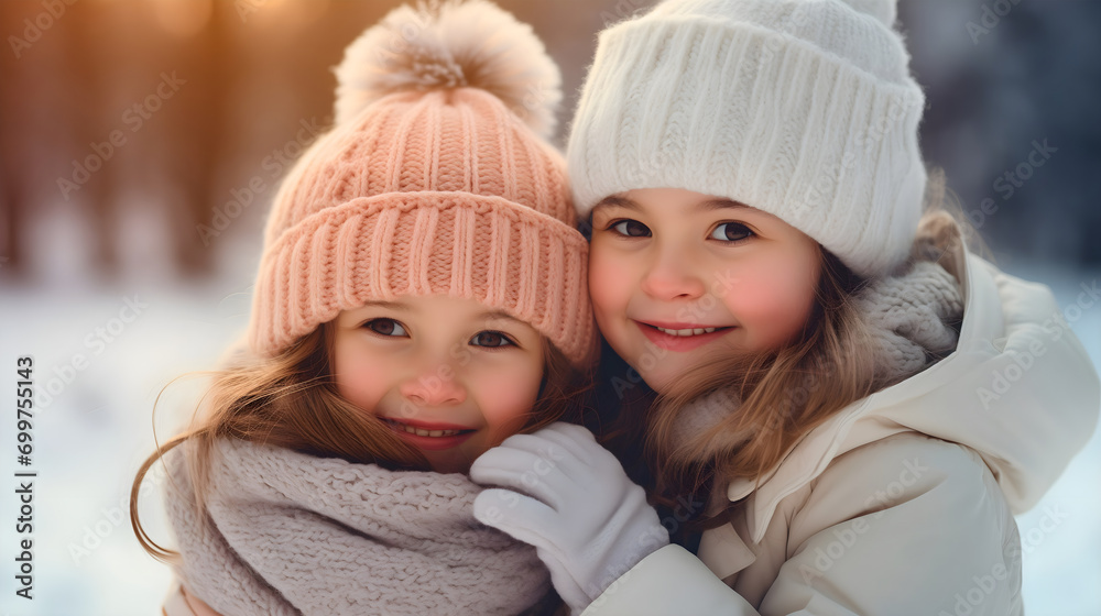 Two cute and beautiful little girls hugging each other, standing together outdoors in snowy winter weather, wearing jackets with fur and caps. Happy smiling female children, sisters or friends loving Two cute and beautiful little girls hugging each other, standing together outdoors in snowy winter weather, wearing jackets with fur and caps. Happy smiling female children, sisters or friends loving