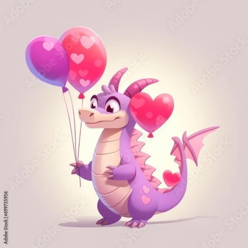 Cute cartoon dragon with heart shaped balloons
