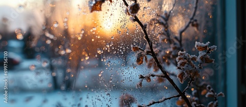 Springtime precipitation and snow melting outside a window, viewed up close in the evening. Uncommon time of year, transition from winter to spring. Natural occurrence, chilly rainfall mixed with snow