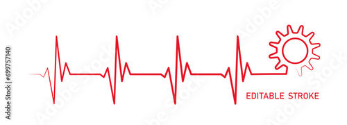 Editable lines heart rhythm illustration with gear, cog wheel, abstract heartbeat line vector design to use in healthcare, business, healthy lifestyle, medicine and ekg concept illustration projects. 