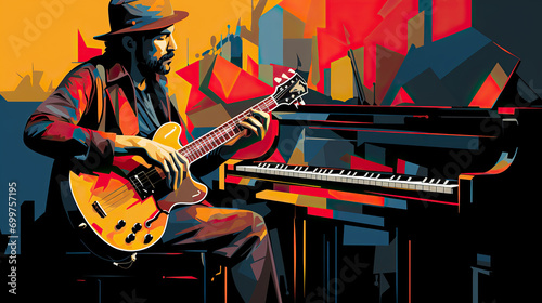generated illustration painting of African American jazz musician blues club guitarist.