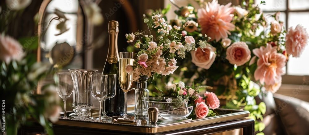 Floral decor on bar cart with champagne and glasses.