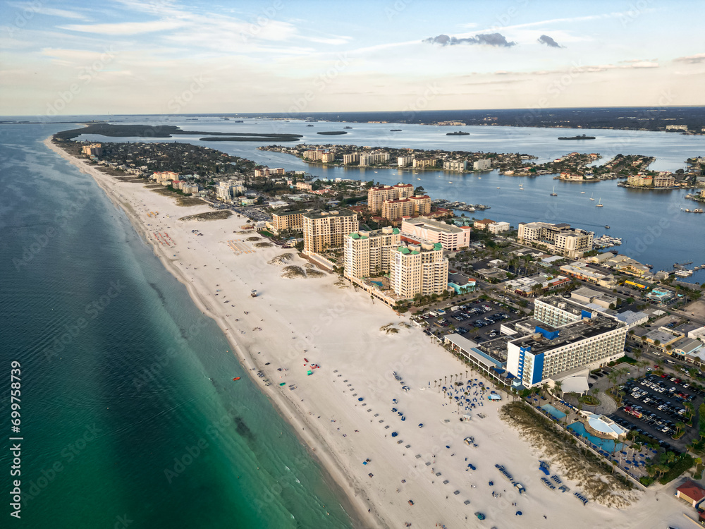 Coastal city with a view of the ocean, taken from above with a drone. Clearwater Beach