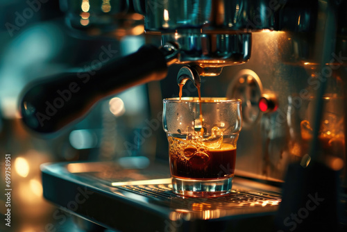 Close-up of a coffee machine brewing fresh coffee in a coffee shop