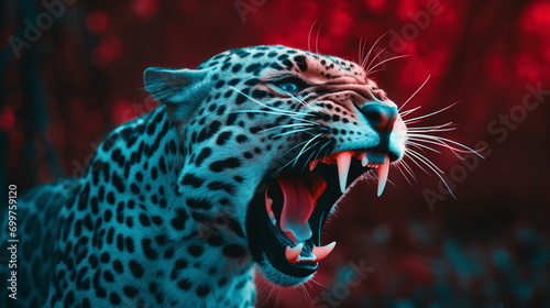 Close-up of a leopard in blue and red tones, roaring in the wild. Leopard hissing. Concept of Danger, Wilderness, Extinction. photo