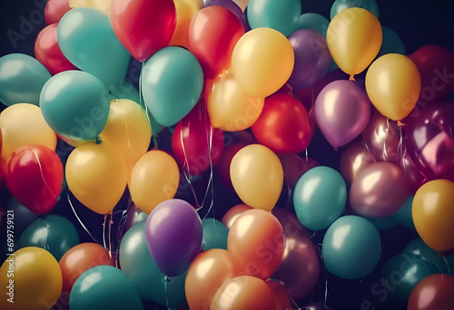 Colorful balloons with a glossy finish grouped together, creating a festive and joyful background.