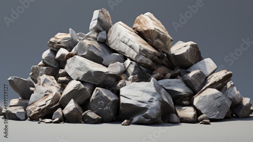 A pile of stones on a grey background. Rocks piled up