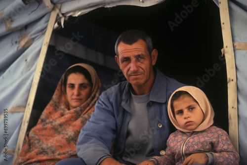 Portrait of refugee family dad with mom and childs at border checkpoint of tent camp. Concept Illegal immigrant due to war, loss of home