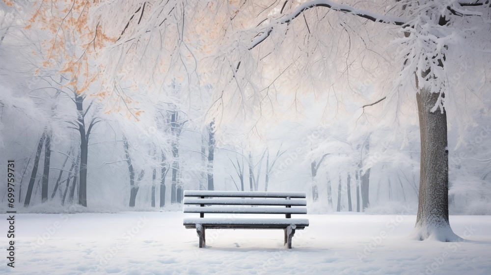 Lonely bench in a snowy park, trees in the background