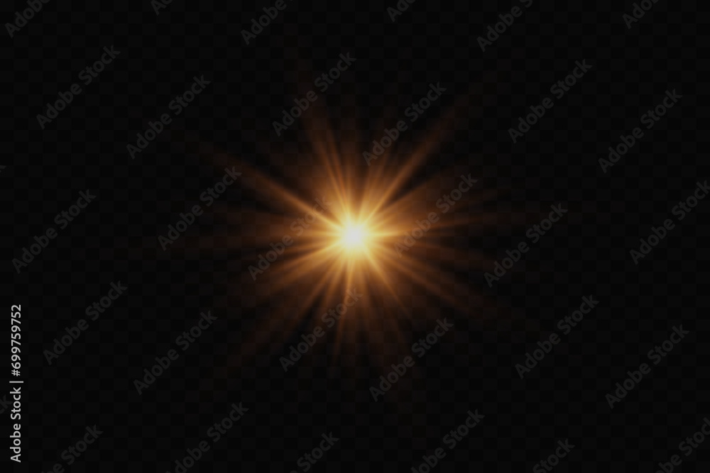 Glowing glare of a star on a transparent background. Flash of light with sun rays, flash flickering.