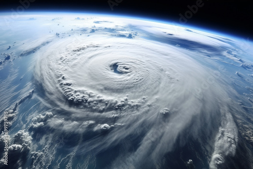 Atmospheric cyclone spiral, weather meteorology. Hurricane from space, super typhoon. Concept catastrophe, view from satellite.