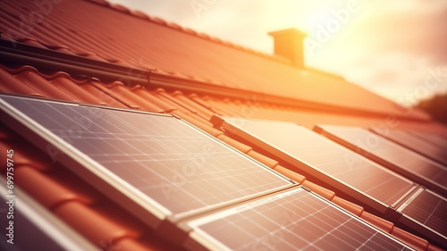 Closeup solar panels, photovoltaics on red roof tiles of house with sunlight. Concept eco alternative electricity source for life © Adin