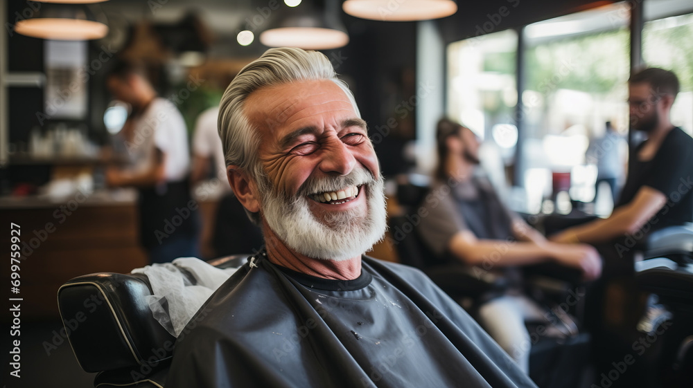 Barber shop social assistance for pensioners, happy hipster elder man with haircut in retro barbershop background. - obrazy, fototapety, plakaty 