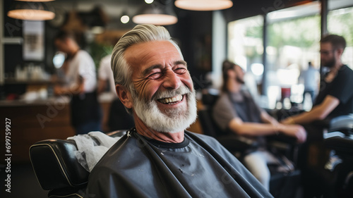 Barber shop social assistance for pensioners, happy hipster elder man with haircut in retro barbershop background.