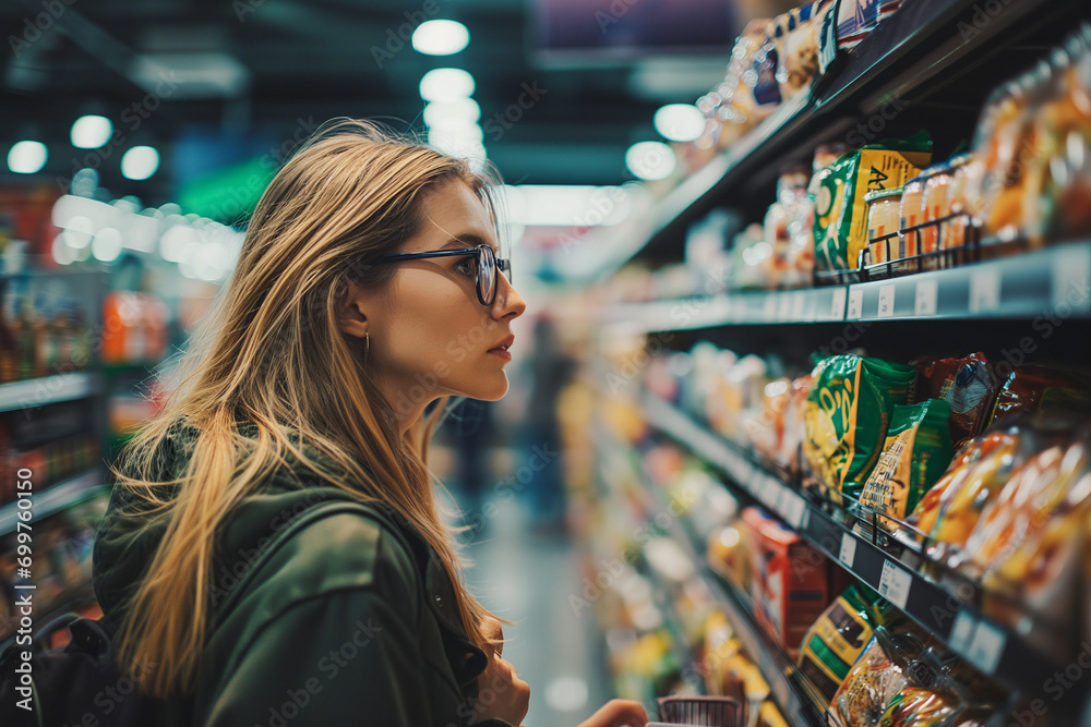 Informed Female Consumer Analyzing Nutrition and Prices in Grocery Store, Emphasizing Healthy Lifestyle and Smart Shopping Choices in Supermarket Aisle Informed Female Consumer Analyzing Nutrition and Prices in Grocery Store, Emphasizing Healthy Lifestyle and Smart Shopping Choices in Supermarket Aisle