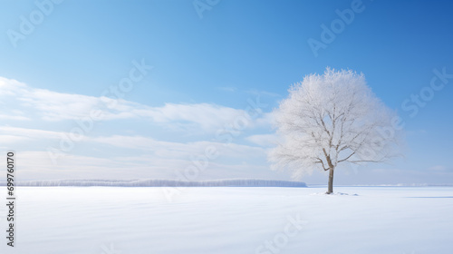 Simple winter landscape, a single tree with snow, clear blue sky, tranquil and serene